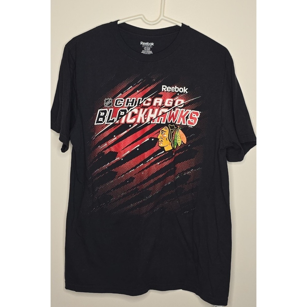 Chicago BlackHawks Mens Graphic Shirt Unisex Reebok NHL Black Cotton Size Large